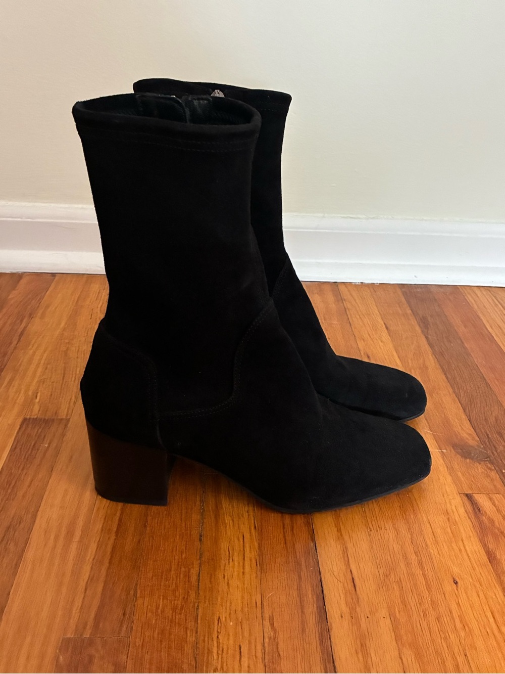 Aquatalia Black Suede Mid-Calf Block Heel Boots